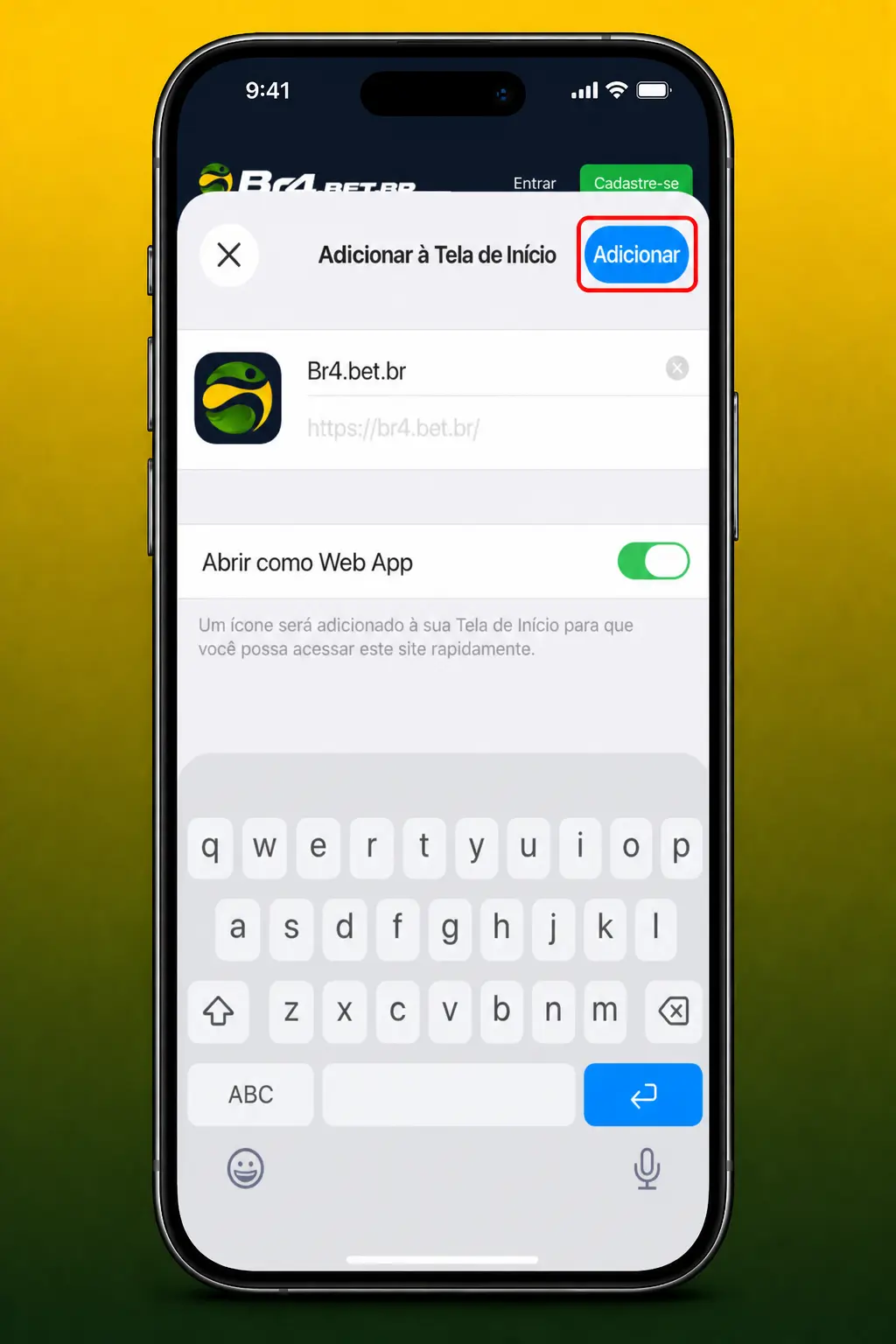 Passo a passo no Safari para instalar o atalho do BR4bet no iOS e jogar Fruit Party.