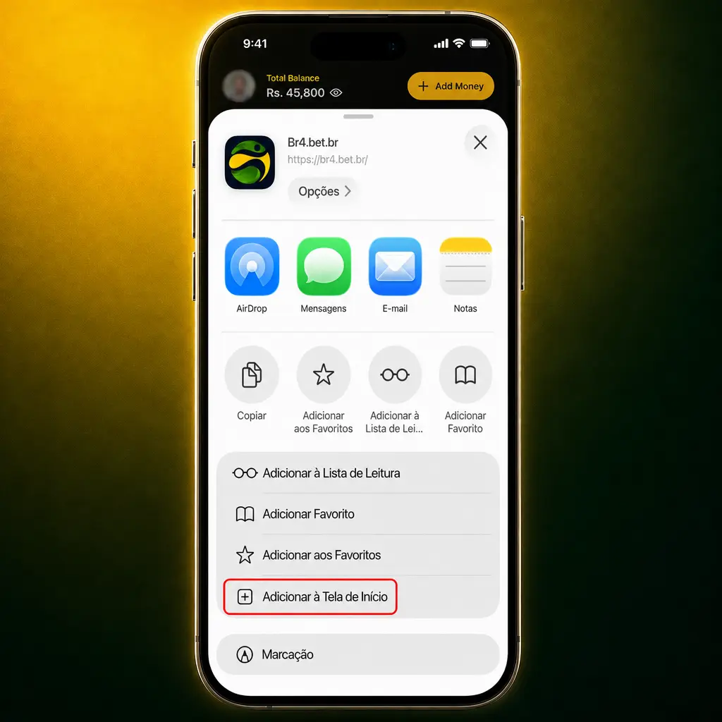 Aplicativo BR4bet para iOS: instale via PWA pelo Safari e adicione à tela de início do iPhone ou iPad.