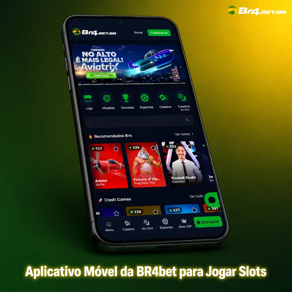 Aplicativo móvel da BR4bet para jogar slots no celular, com catálogo completo e giros rápidos direto na tela.
