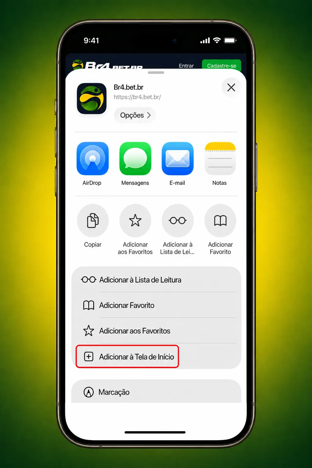 Passo a passo para adicionar o atalho do app BR4bet no Safari do iPhone e acessar o Fortune Ox diretamente
