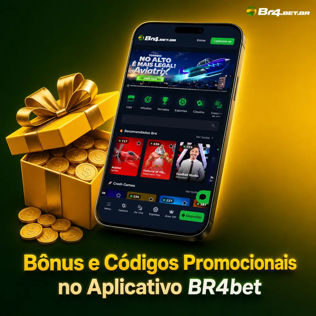 Bônus de 100% até BRL 300 e cashback no app BR4bet; ative códigos promocionais na aba de promoções antes do depósito.