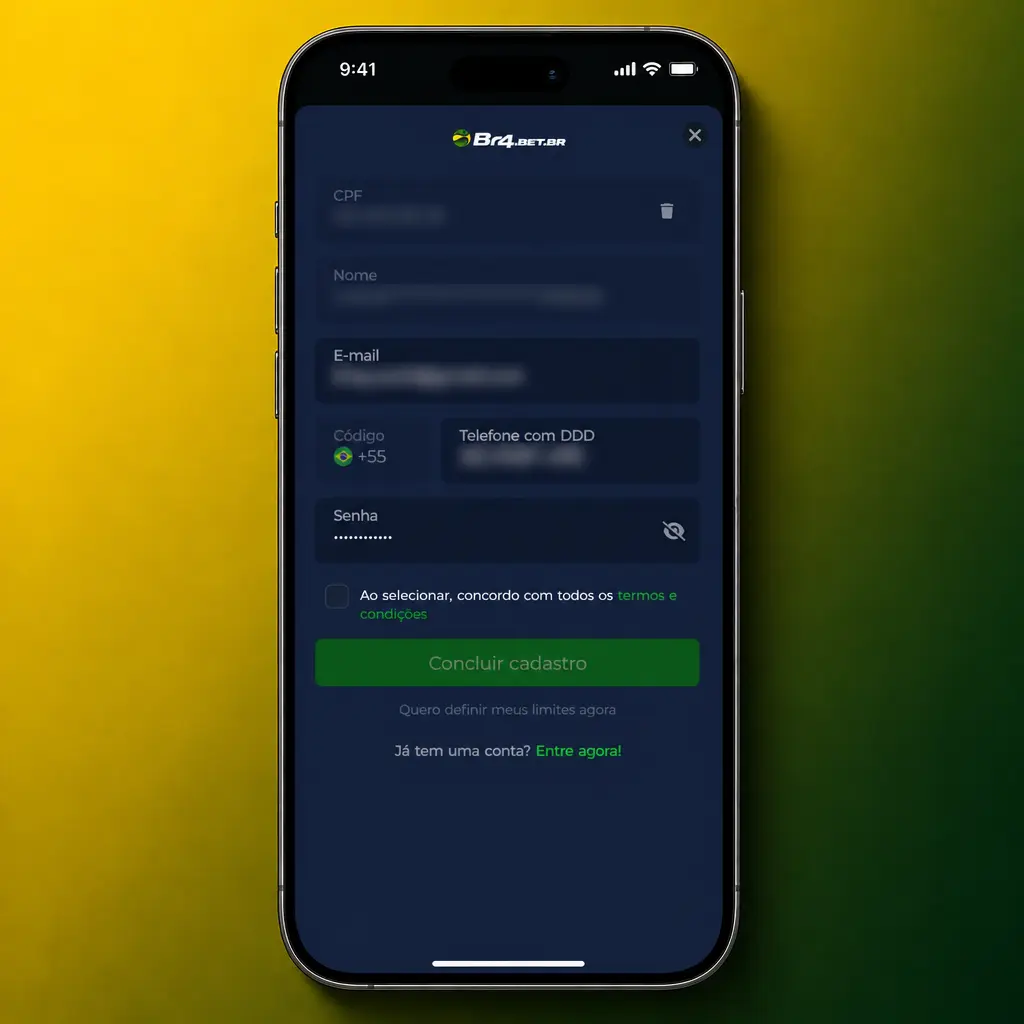 Passo a passo para criar conta no app BR4bet: CPF, telefone, e-mail, senha e validação por SMS