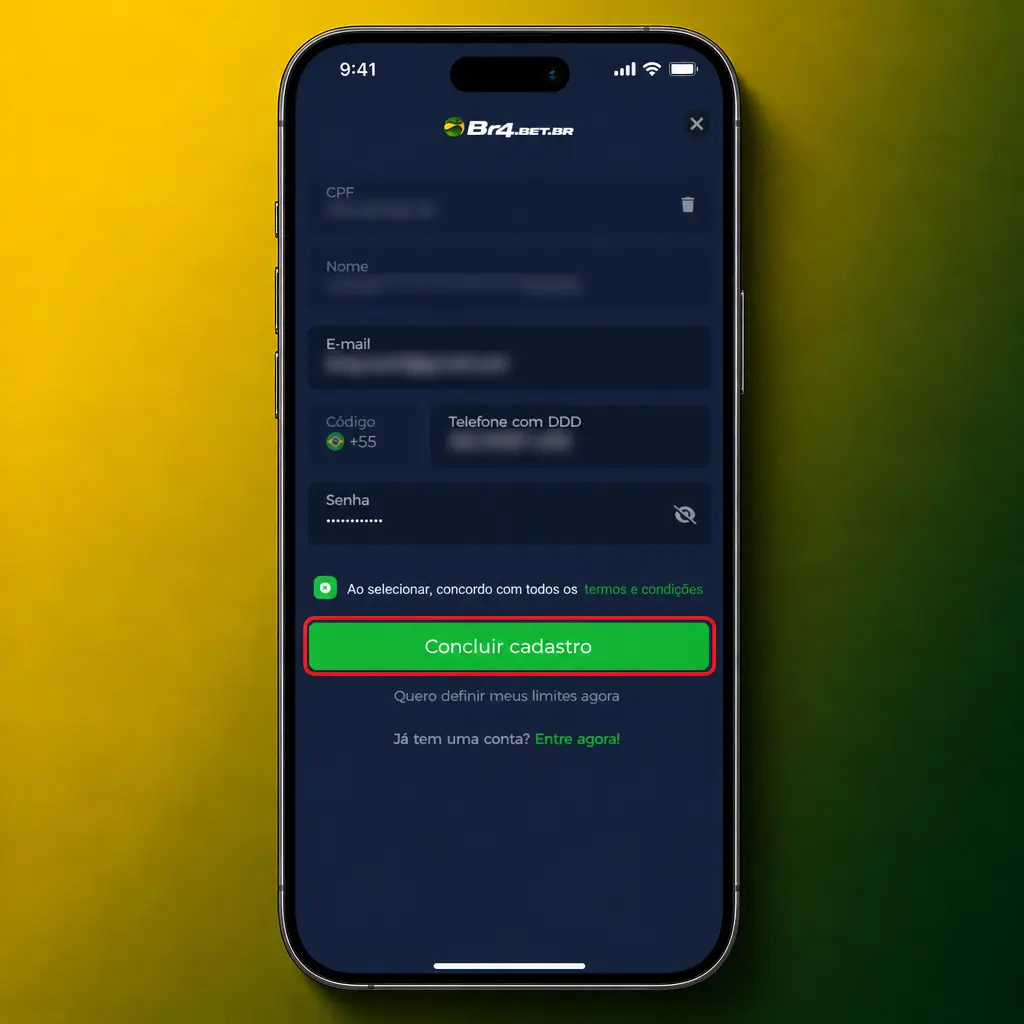 Passo a passo para criar conta no app BR4bet: CPF, telefone, e-mail, senha, validação e depósito via Pix.