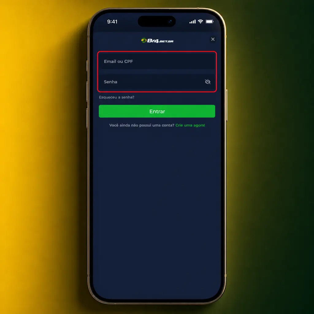 Tela de login mostrando campos para e-mail, senha e botão "Entrar" para acessar a conta.