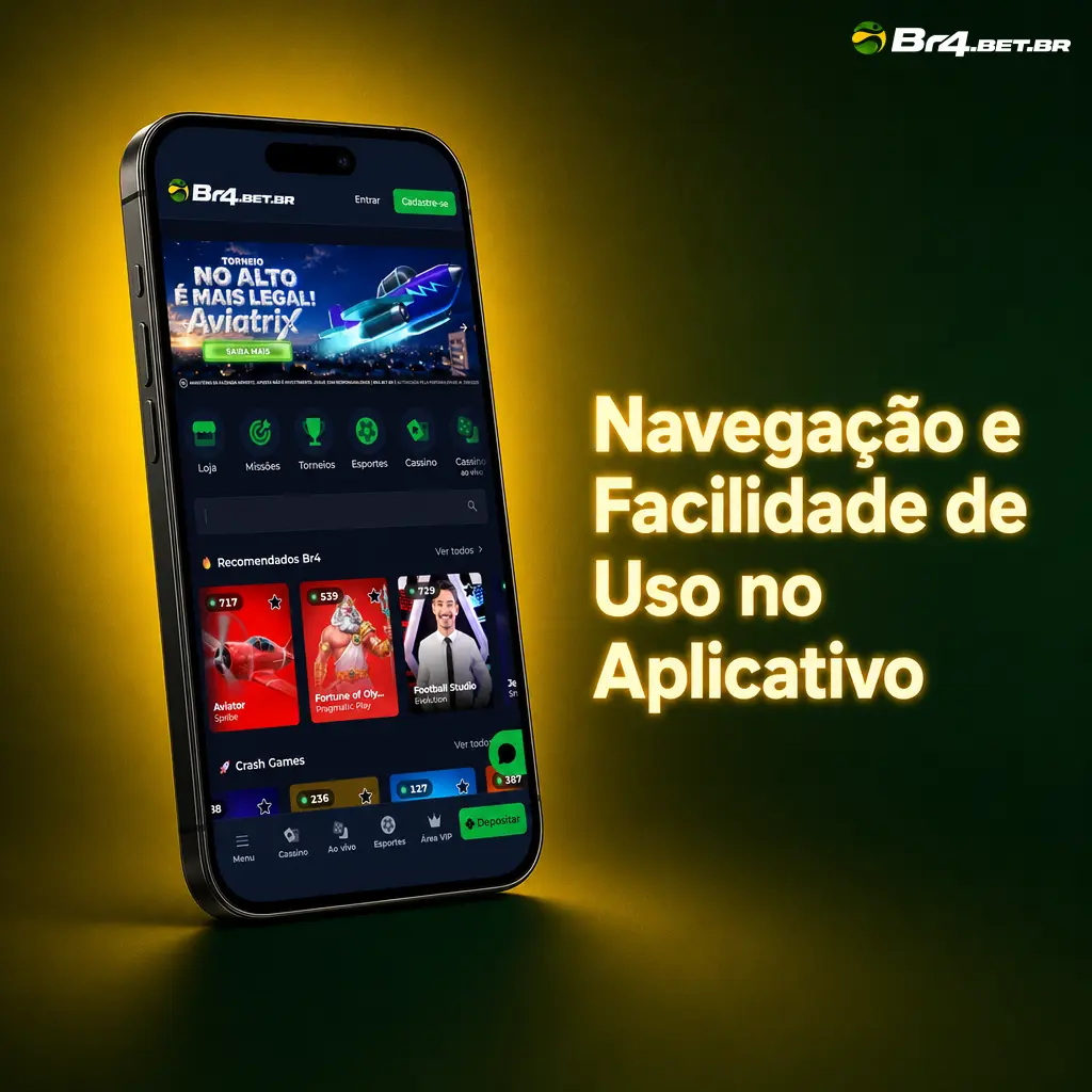 Menu inferior fixo do app BR4bet com acesso a esportes, cassino e boletim de apostas em gaveta lateral, ideal para uso com uma mão.