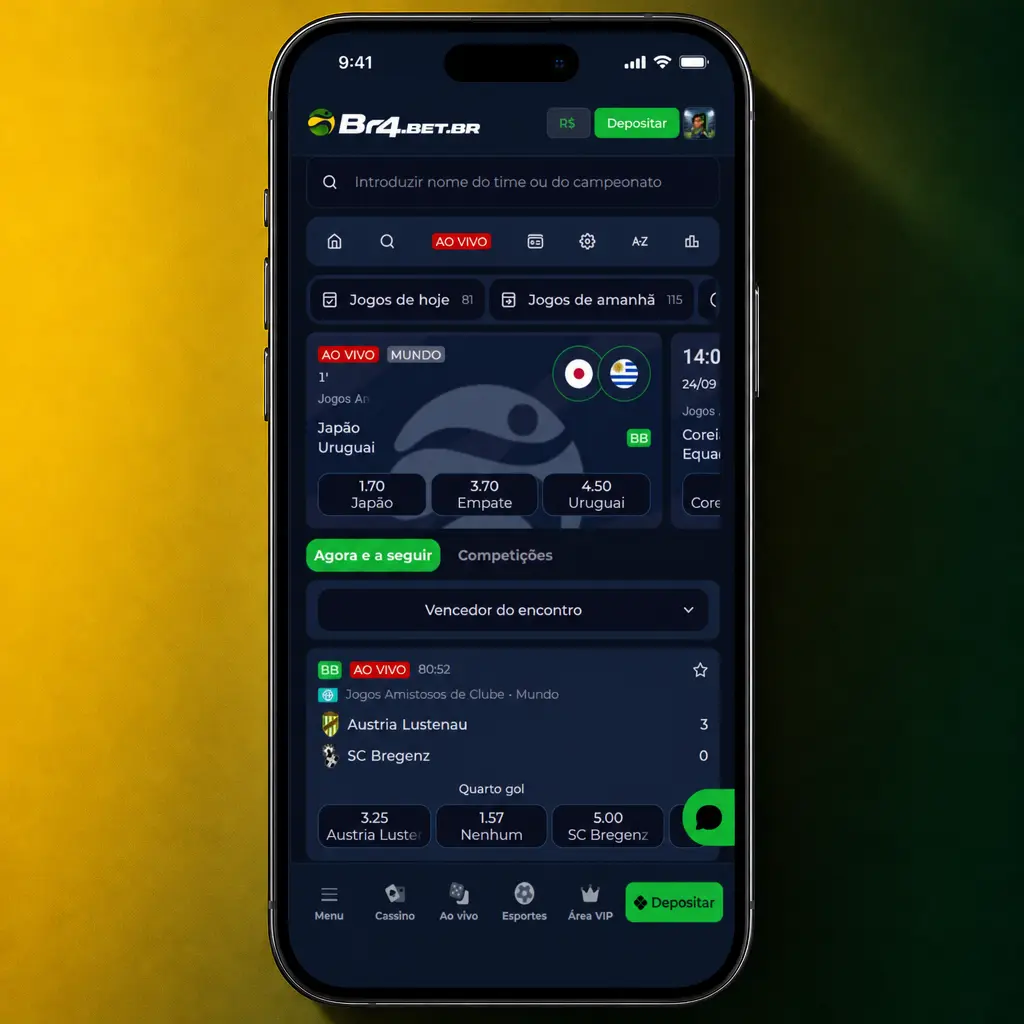 Passo a passo para apostar no app BR4bet: login, escolha do esporte, mercado, valor e confirmação da aposta.