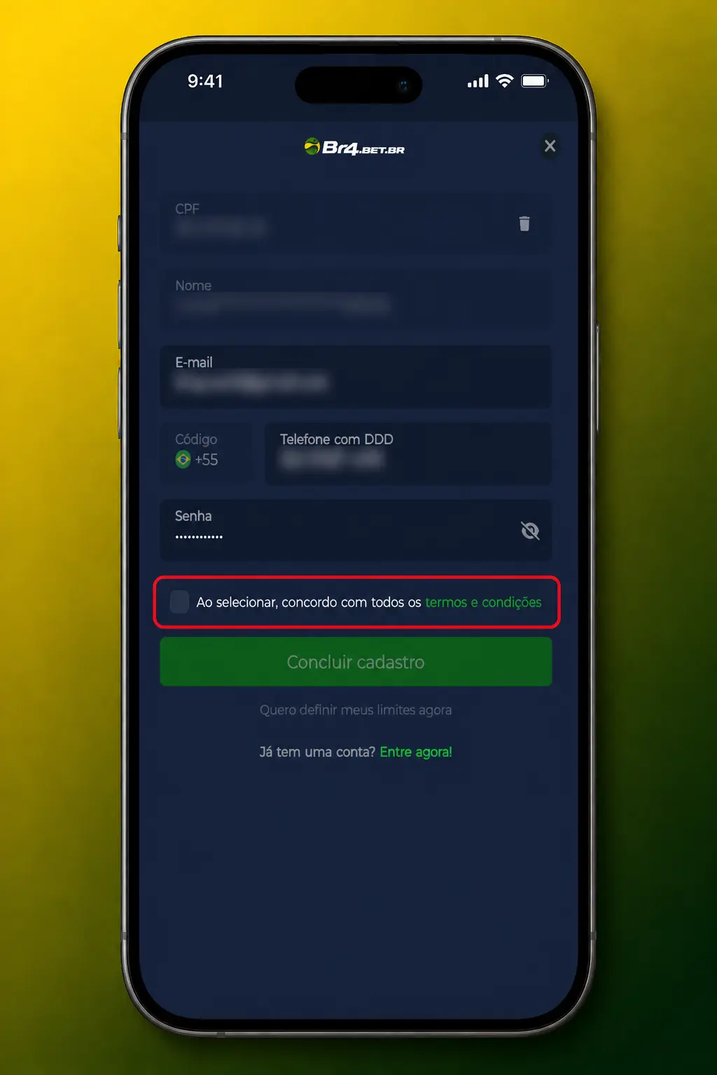 Cadastro na BR4bet para jogar Fruit Party: preencha os dados, deposite via Pix e acesse o cassino.