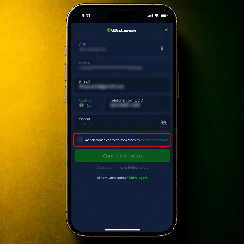 Passo a passo do cadastro na BR4bet: formulário de registro com dados pessoais, senha e confirmação de idade.