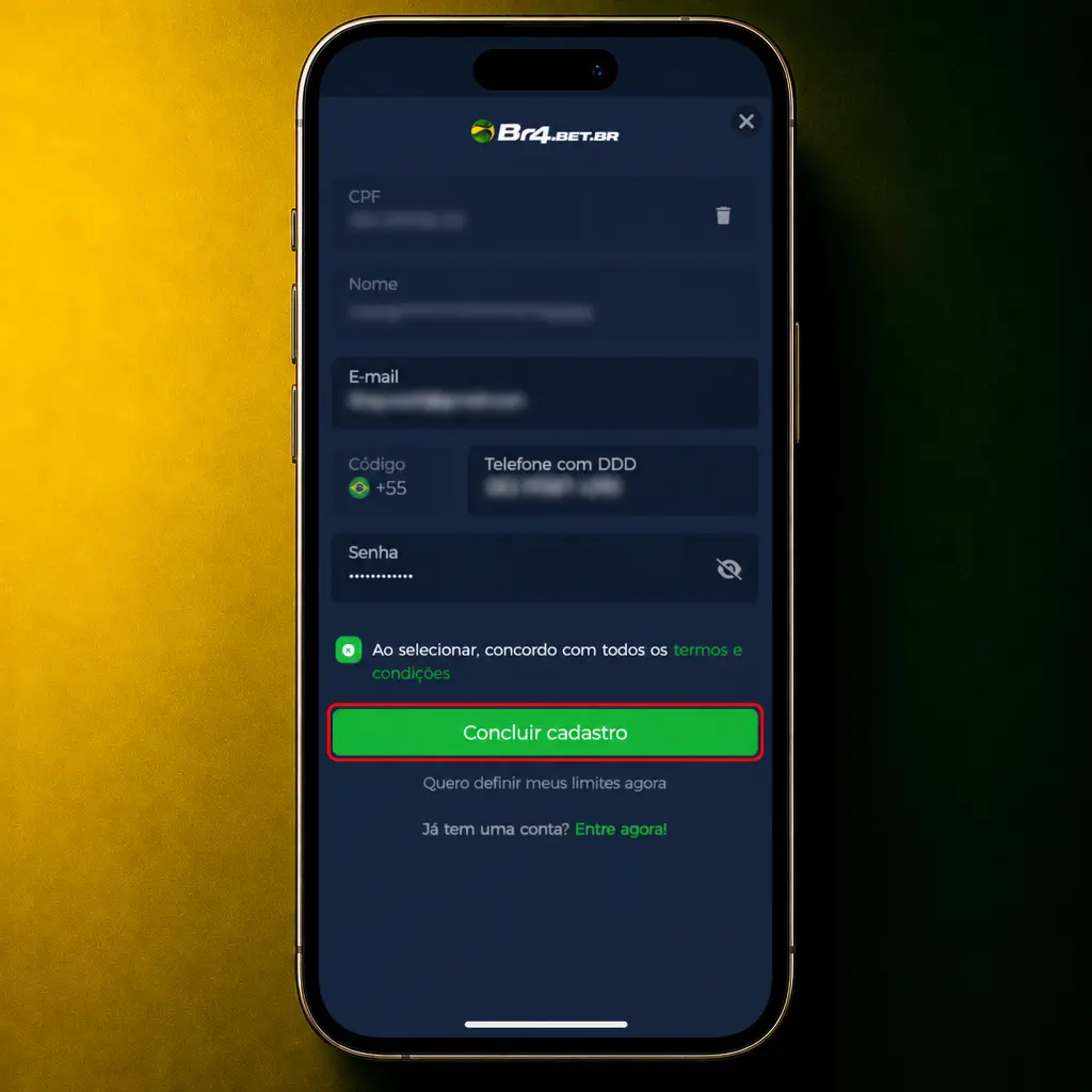 Passo a passo para cadastro na BR4bet: preencha dados, crie senha, confirme idade e valide o código.
