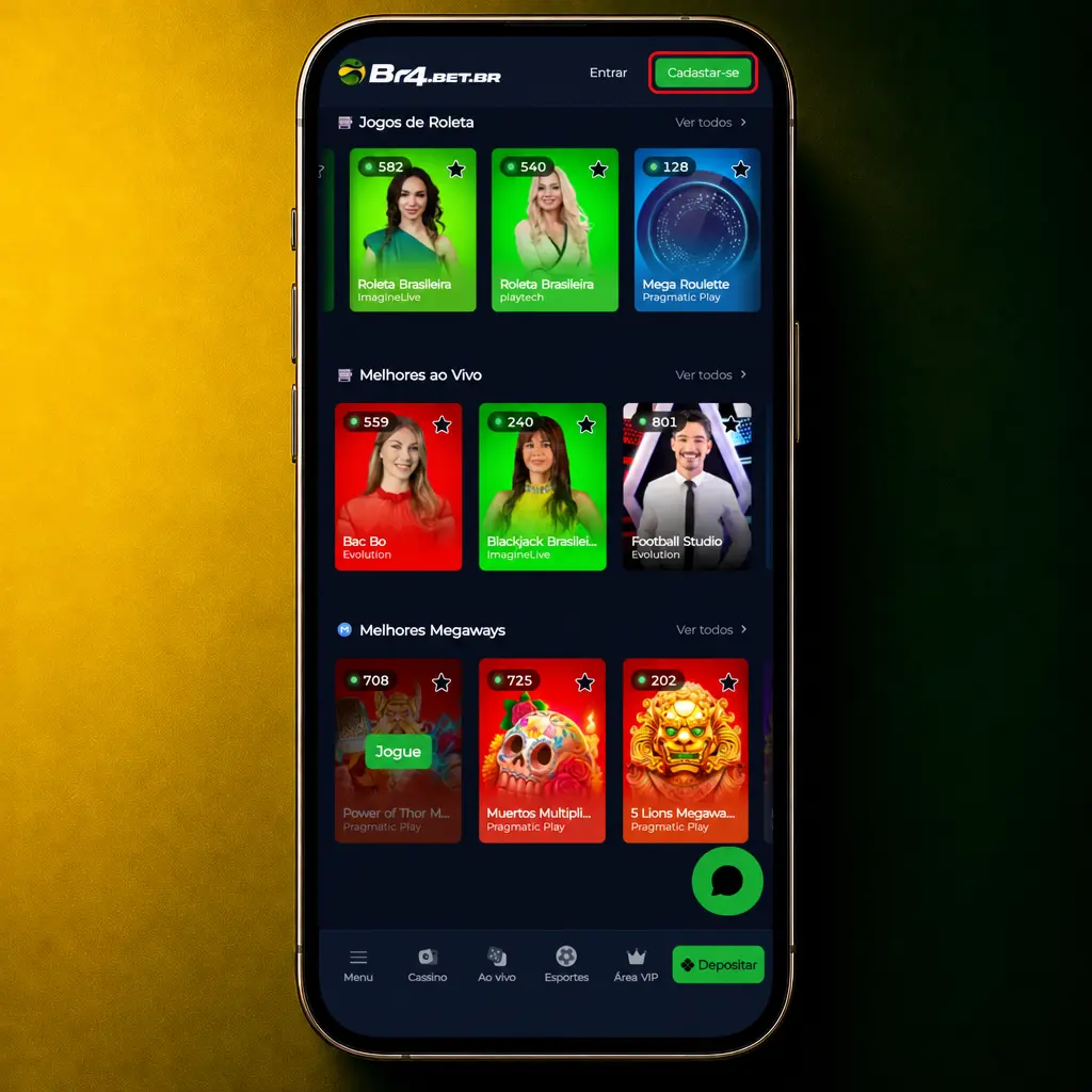 Passo a passo ilustrado do cadastro na BR4bet: formulário, dados pessoais, senha e verificação por SMS.