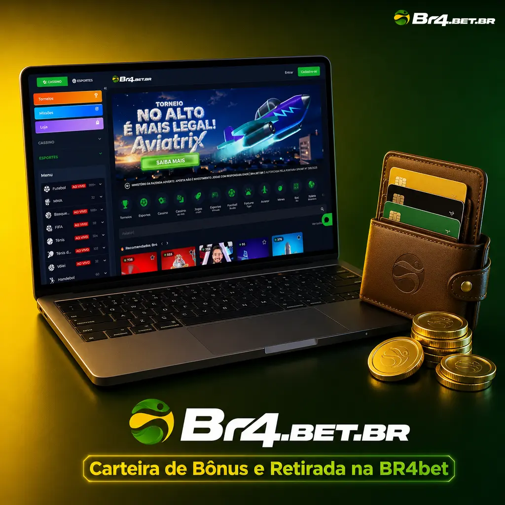 Carteira de bônus da BR4bet mostrando conta bônus separada, regras de rollover e liberação para retirada via Pix
