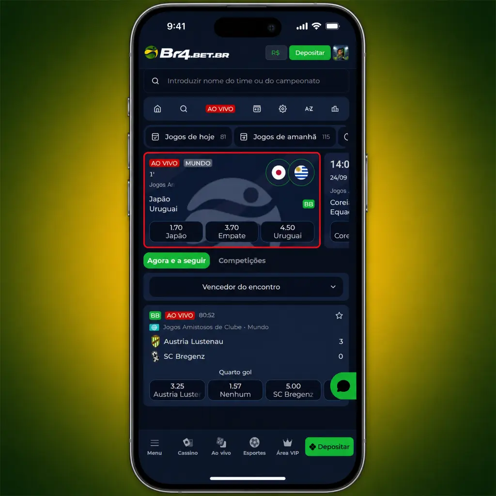 Passo a passo de como apostar em esportes na BR4bet, mostrando menu de esportes, mercados e bilhete de aposta.