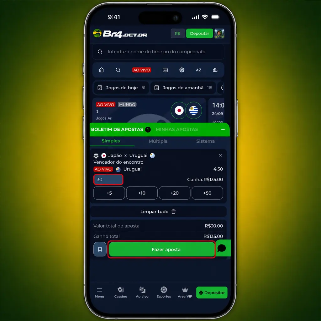 Passo a passo de como apostar em esportes na BR4bet, do menu de esportes até a confirmação do bilhete de apostas.