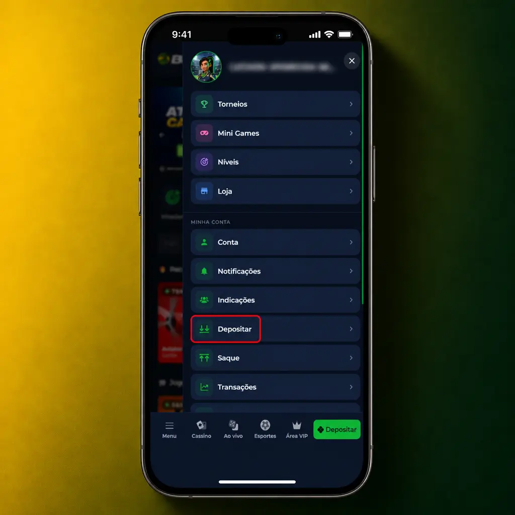 Passo a passo para depositar via Pix no aplicativo BR4bet, com tela mostrando o menu de depósito.