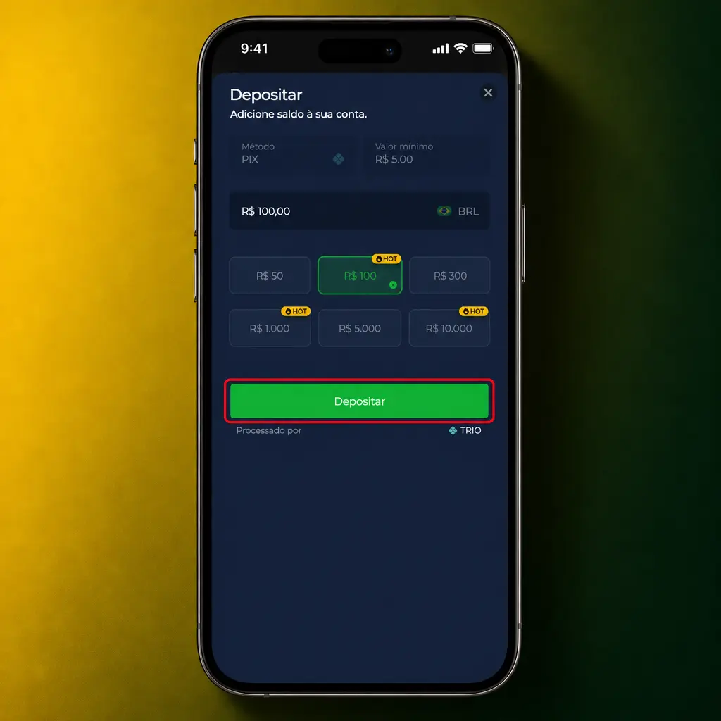 Tutorial mostrando como fazer depósito via Pix pelo aplicativo BR4bet, com passo a passo para inserir saldo na conta.