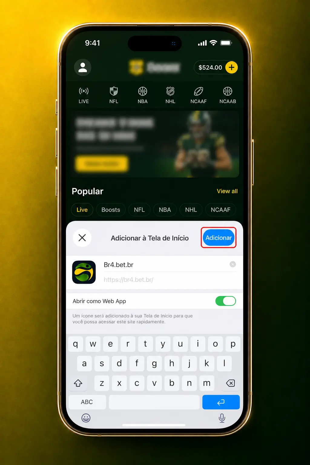 Como instalar o BR4bet no iOS via Safari para jogar Crazy Time, passo a passo de adicionar à tela inicial.