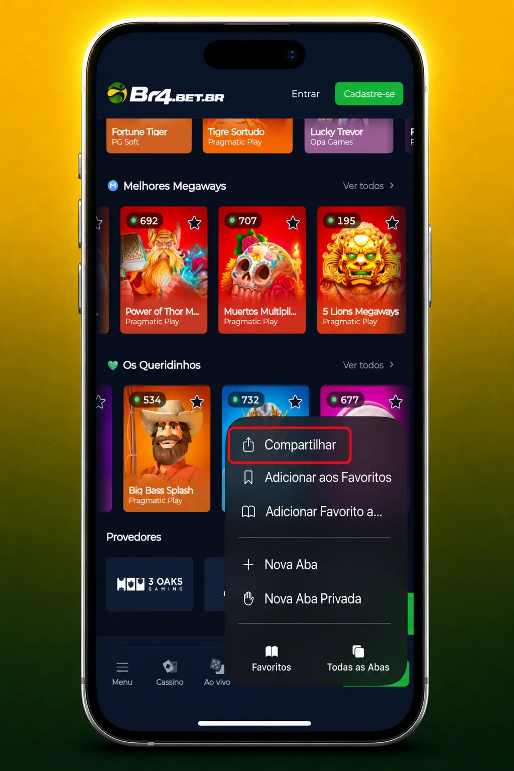 Passo a passo para instalar o BR4bet no iOS via Safari e jogar Fortune Dragon pelo atalho na tela inicial.