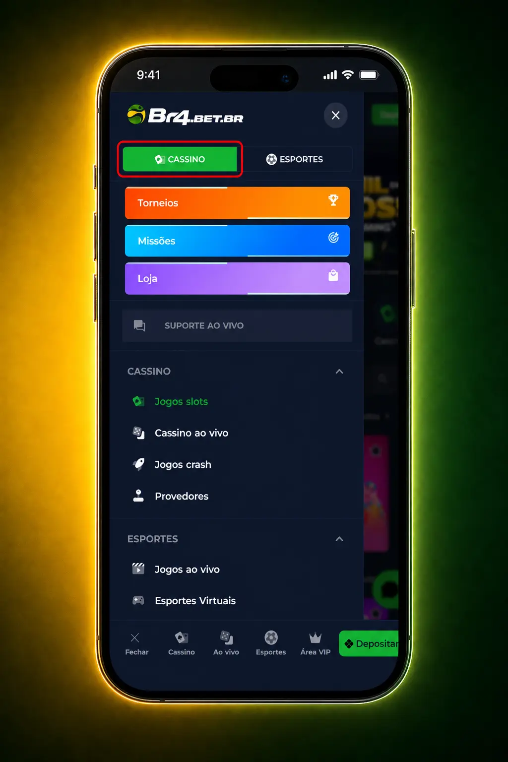 Passo a passo para jogar no cassino da BR4bet, mostrando o lobby com caça-níqueis, jogos crash e mesas ao vivo.