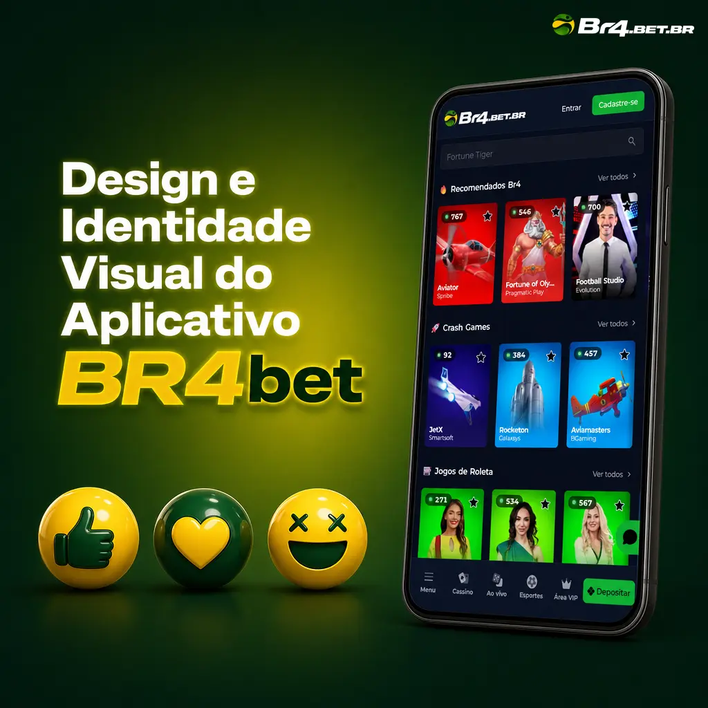 Design e identidade visual do aplicativo BR4bet, com paleta amarela e verde, botões de alto contraste e layout adaptável a telas de 5 a 7 polegadas.