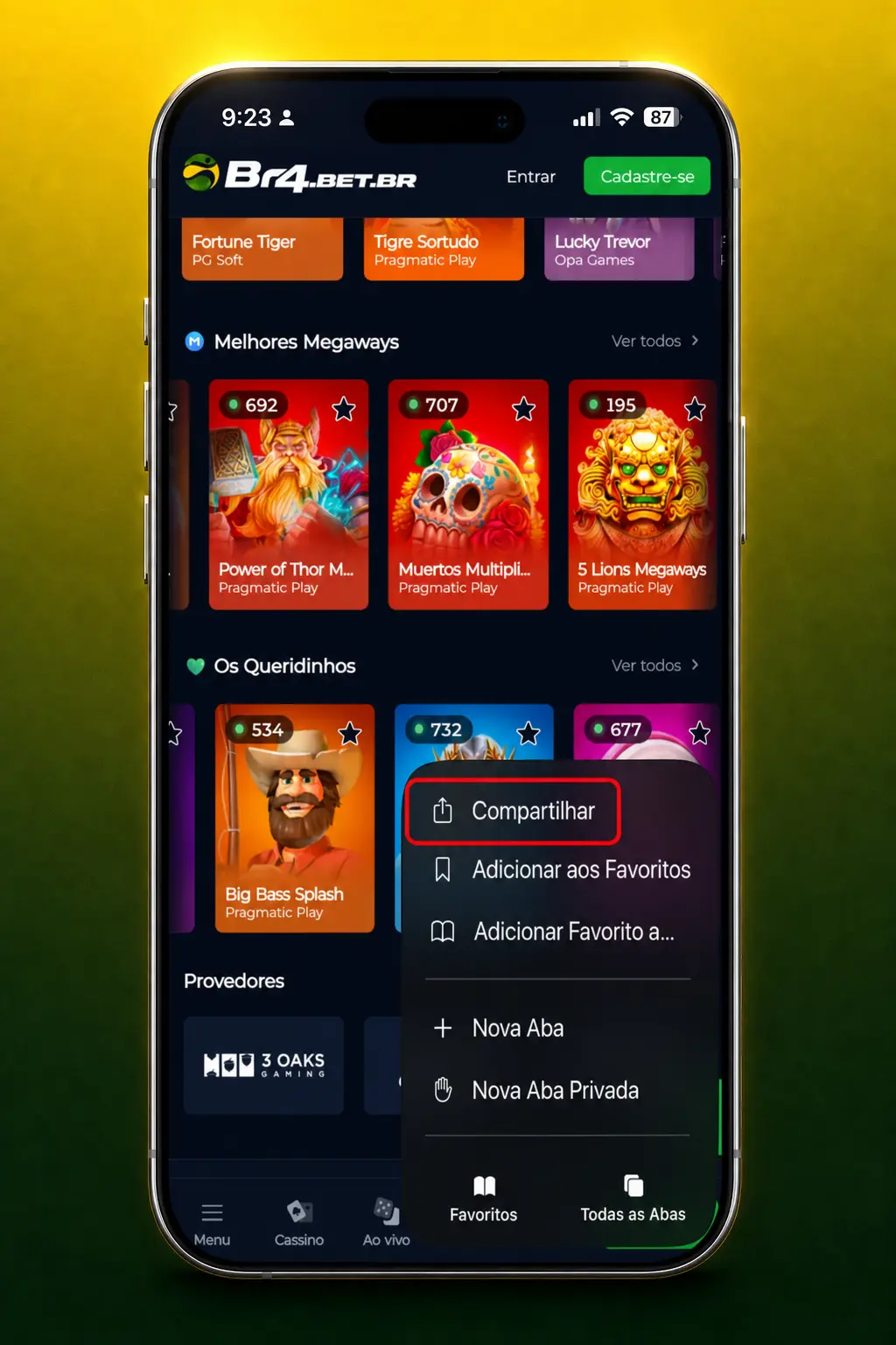 Instalação do app BR4bet no iOS via Safari para jogar Gates of Olympus 1000 com atalho na tela inicial.
