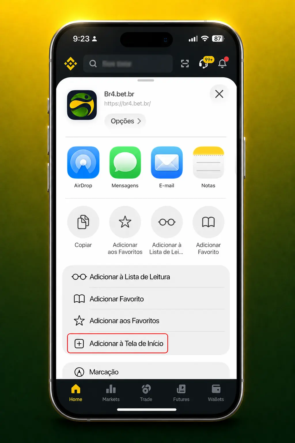 Instalar o app da BR4bet no iOS via Safari para jogar Gates of Olympus 1000 com ícone na tela inicial.