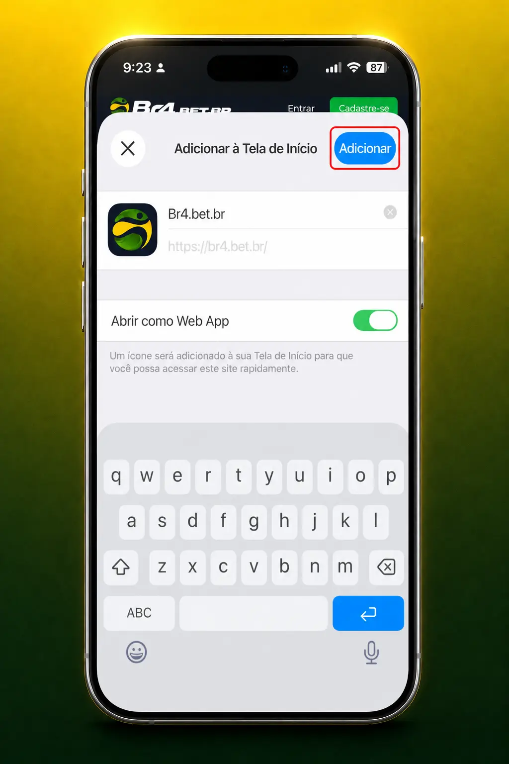 Instalar app BR4bet no iOS via Safari para jogar Gates of Olympus 1000 pelo ícone na tela inicial.