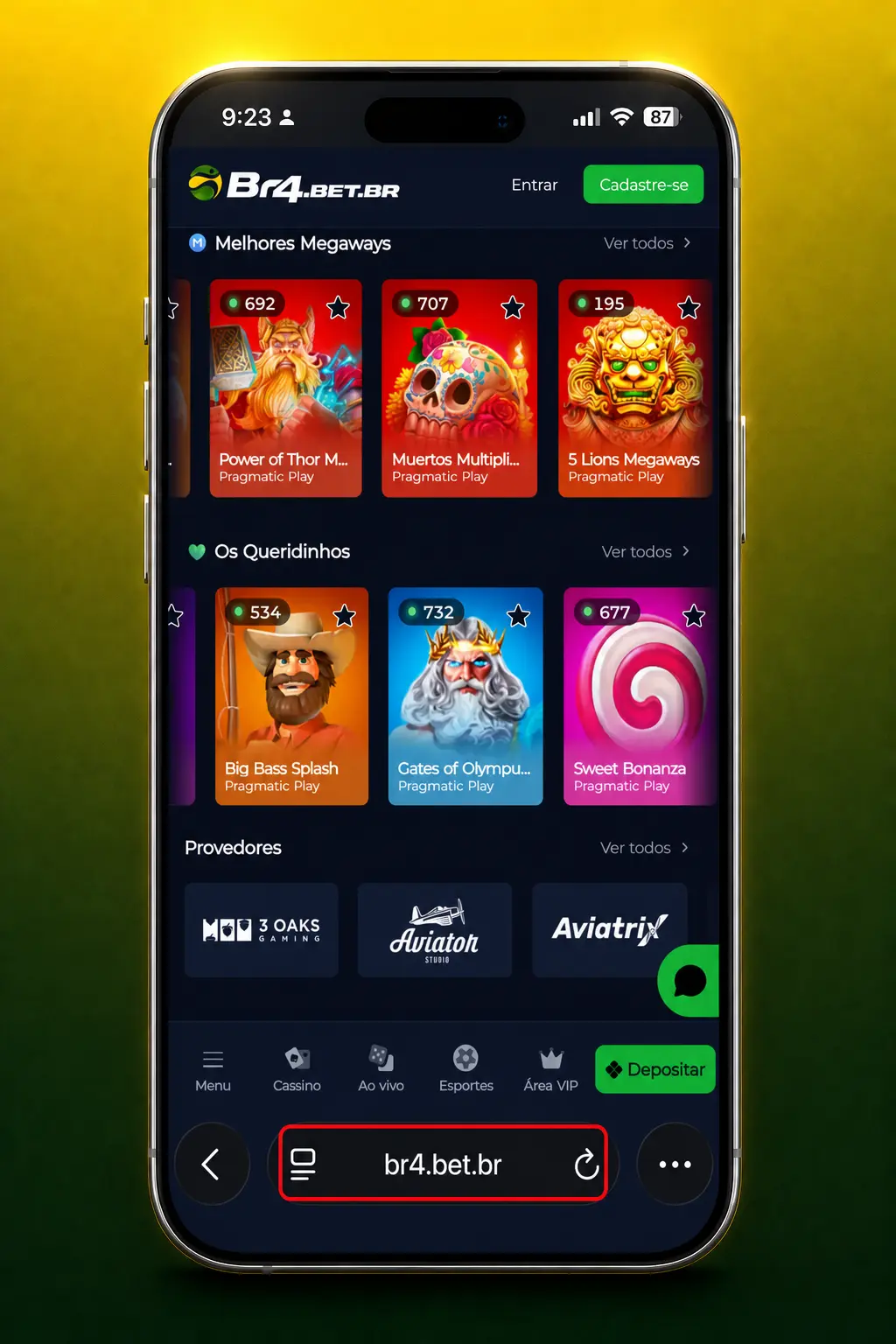 Instalar app da BR4bet no iOS via Safari para jogar Gates of Olympus 1000 com ícone na tela inicial.