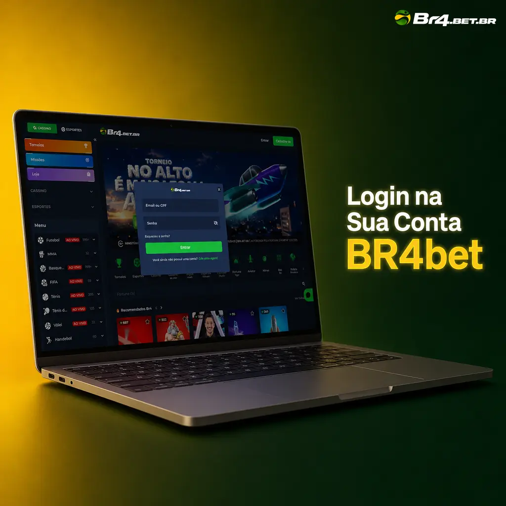 Tela de login da BR4bet com campos para e-mail ou celular e senha, botão de acesso à conta no canto superior direito
