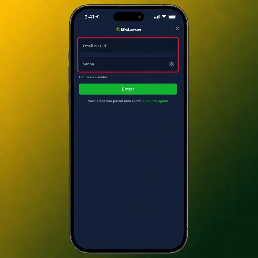 Tela de login da BR4bet mostrando os campos para inserir usuário e senha de acesso à conta