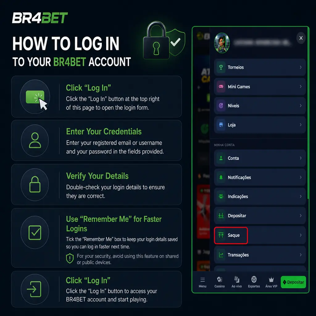 Passo a passo ilustrado para sacar fundos na conta BR4bet, mostrando a aba "Saque" e etapas de confirmação.