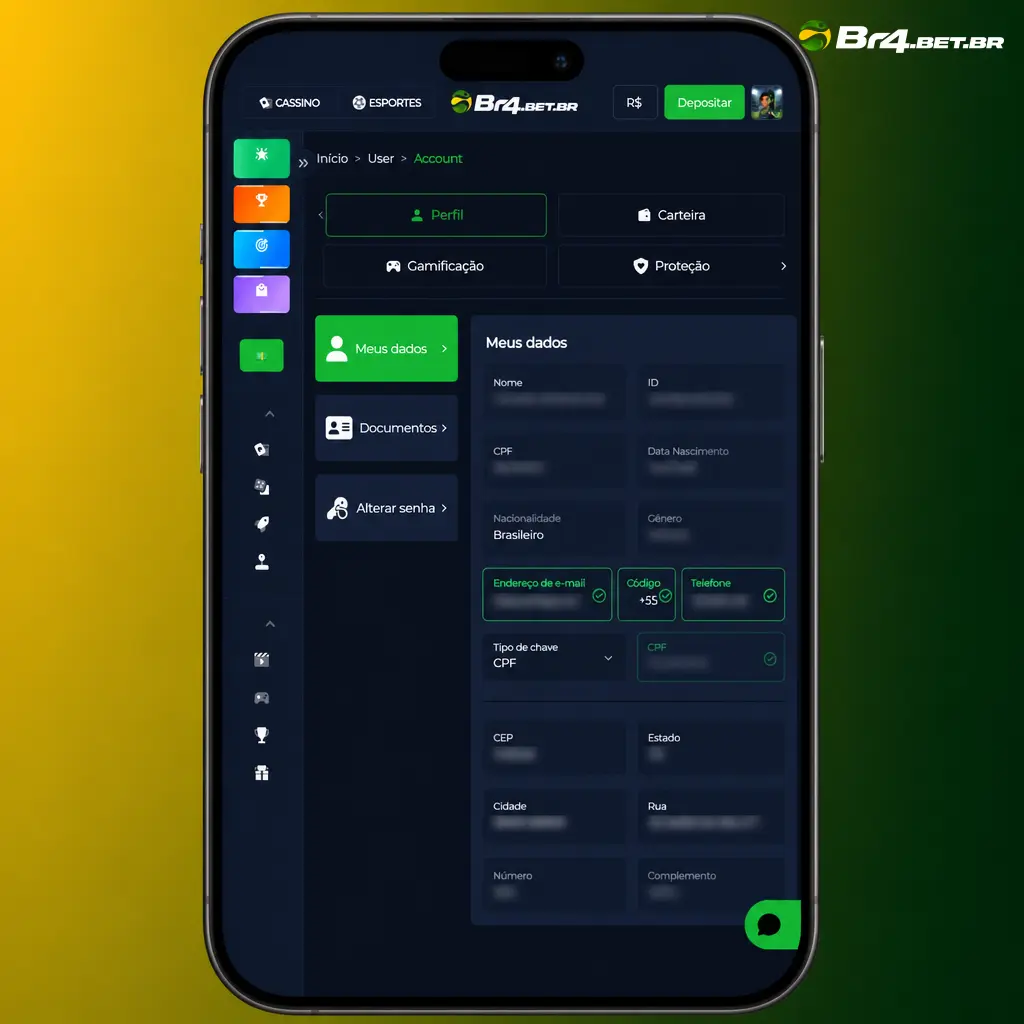 Verificação de identidade KYC na BR4bet com envio de RG ou CNH e comprovante de endereço para liberar saques