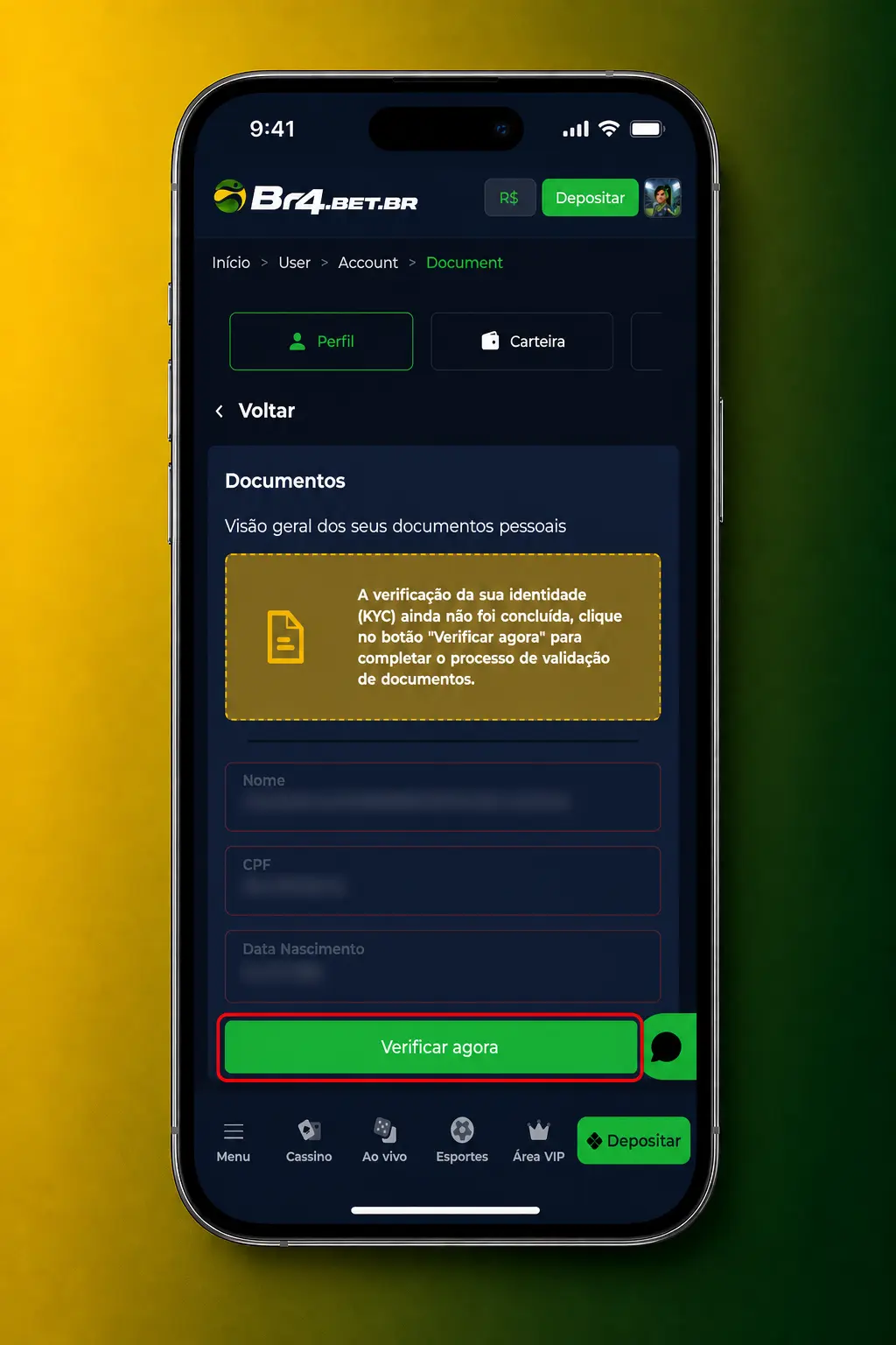 Passo a passo da verificação de conta KYC na BR4bet com envio de documentos e comprovante de residência